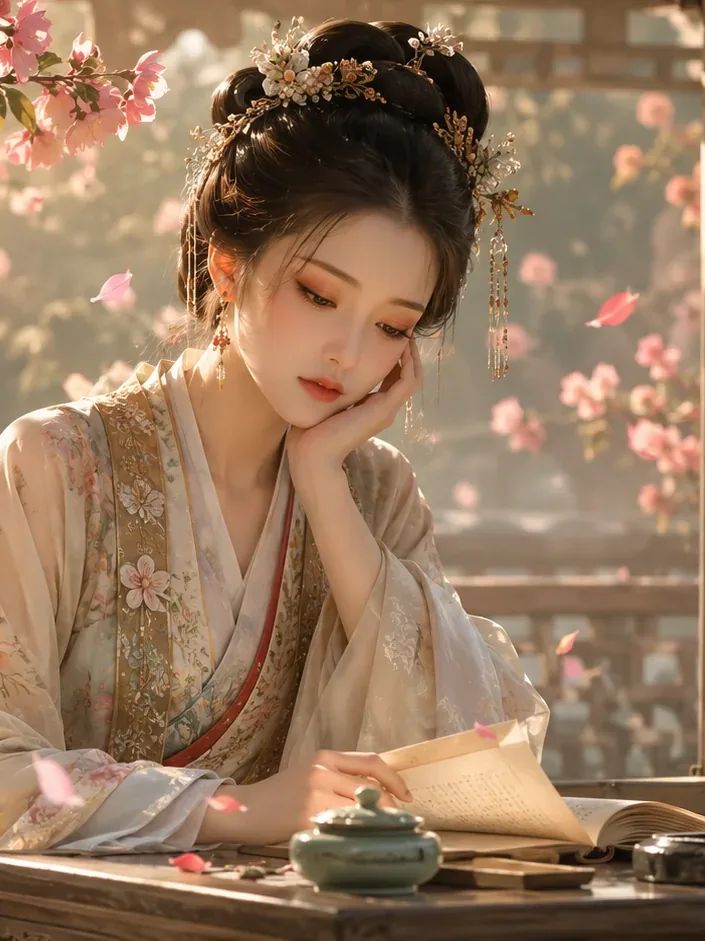 海棠花下凭案读书（首屏画面竖幅）