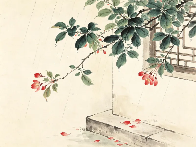 雨后海棠，绿叶繁茂红花凋零