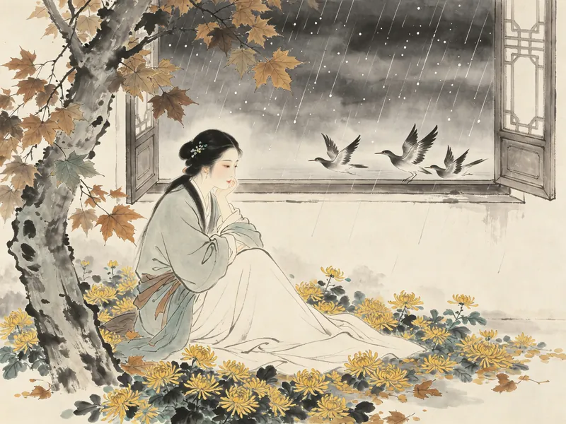梧桐细雨的黄昏，窗前独坐的女子与雁影