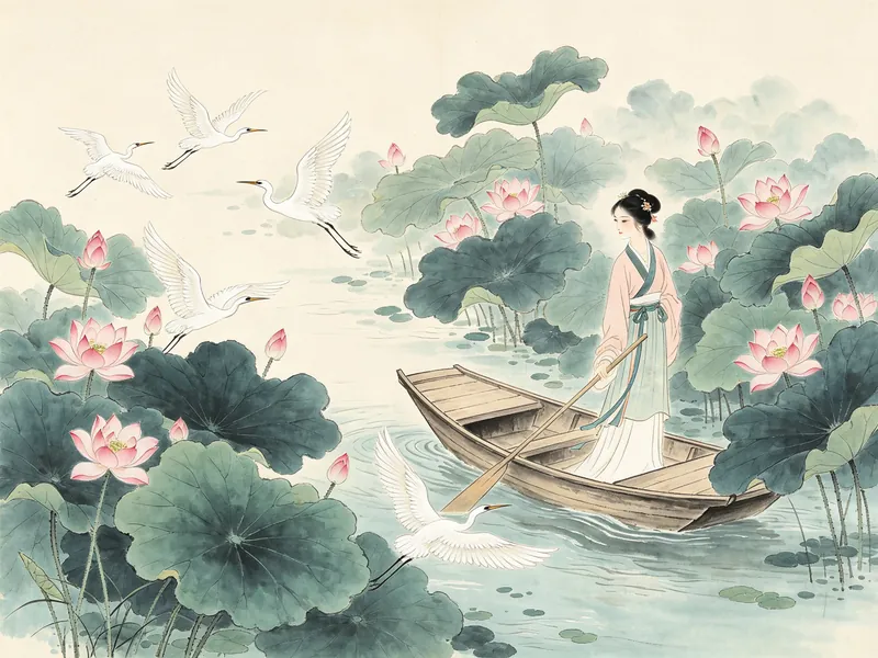 藕花深处小舟晚归惊起鸥鹭