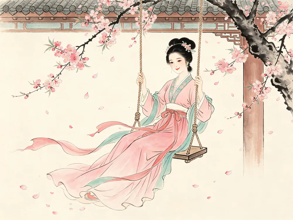 工笔画：春日庭院海棠树下荡秋千的少女