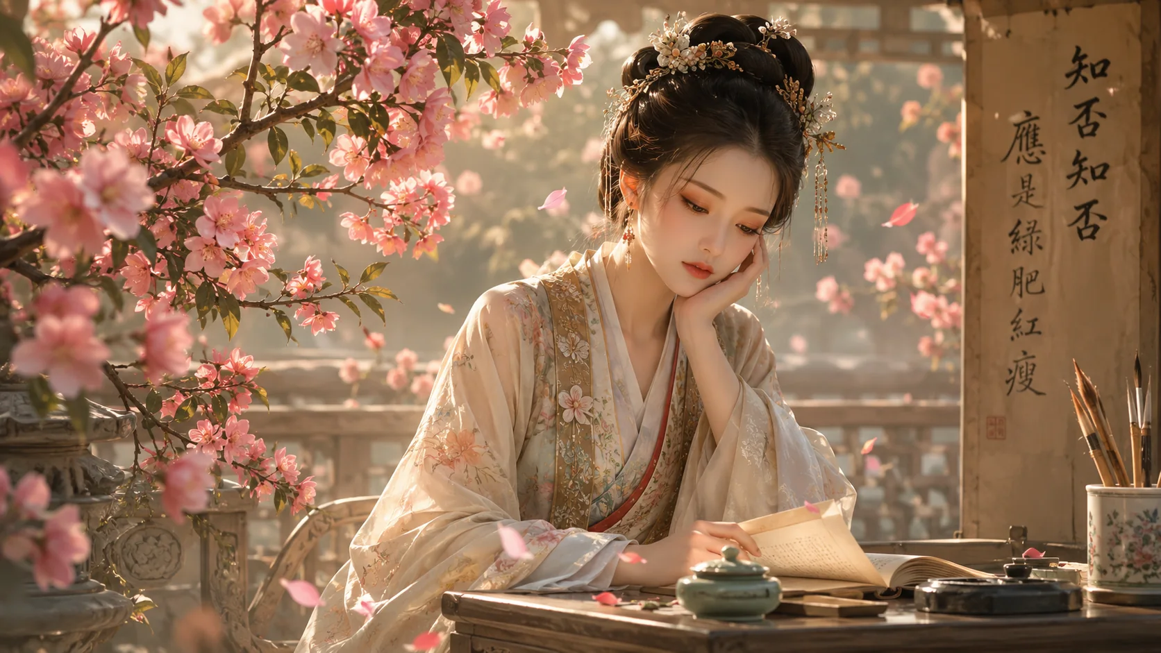 海棠花下凭案读书的李清照意象插画