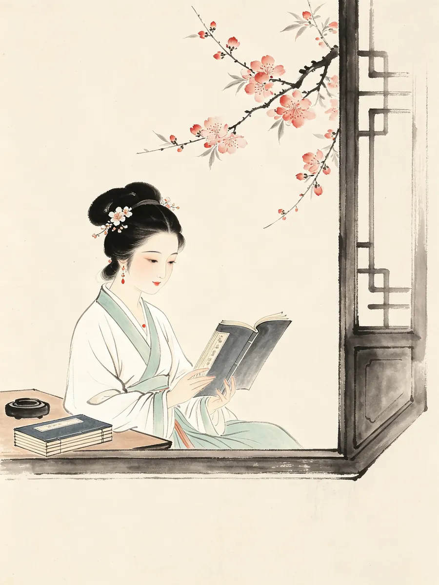 工笔仕女凭窗执卷读书图
